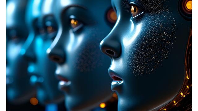 Öğrenen ve adapte olan NPC'leri temsil eden, farklı duyguları gösteren bir dizi robot yüzü.