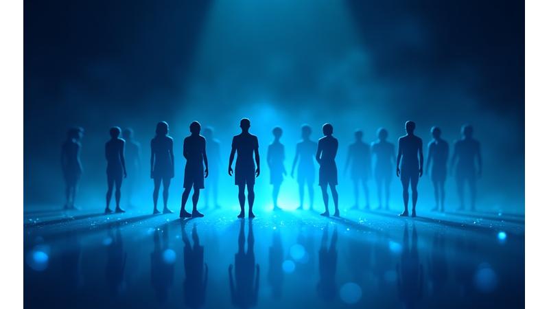 Bir grup silüet figürünün birbirine akıllı bir şekilde bağlandığı soyut bir görsel, renkli ışık yolları ile beceri temelli eşleştirmenin karmaşıklığını ve düzgün akışını sembolize ediyor. Koyu arka plan üzerinde parlak çizgiler.