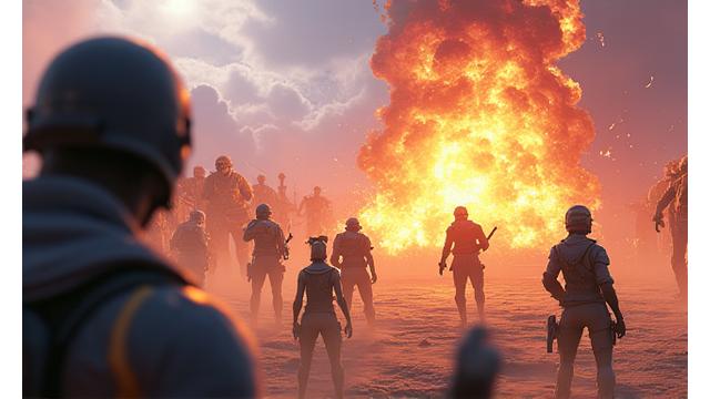 Yoğun bir Battle Royale oyunu sahnesi, birçok oyuncunun birbirine yakın çatıştığı, detaylı karakter modelleri ve patlamalarla dolu bir aksiyon anı.