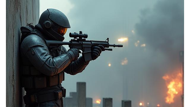 Yoğun bir FPS turnuvası sahnesi, nişancıların siper aldığı ve nişan aldığı aksiyon dolu anlar, gelecekteki bir savaş alanı. Dinamik ışıklandırma ve duman efektleri.