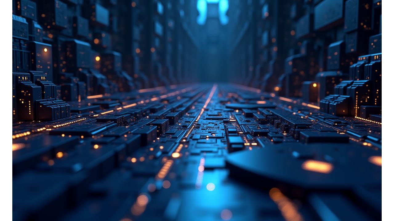 Endüstriyel AI uygulamalarını gösteren soyut bir arayüz, robotik ile veri analizinin birleşimi