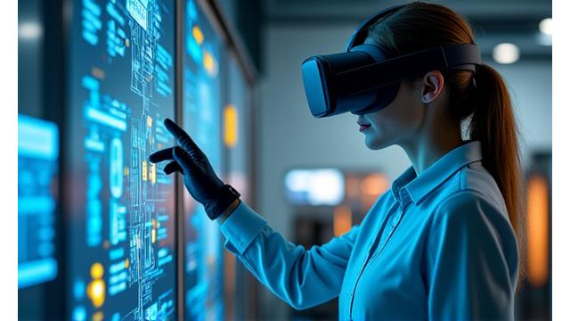 VR gözlük takmış bir kişi sanal bir eğitim ortamında etkileşimde bulunuyor