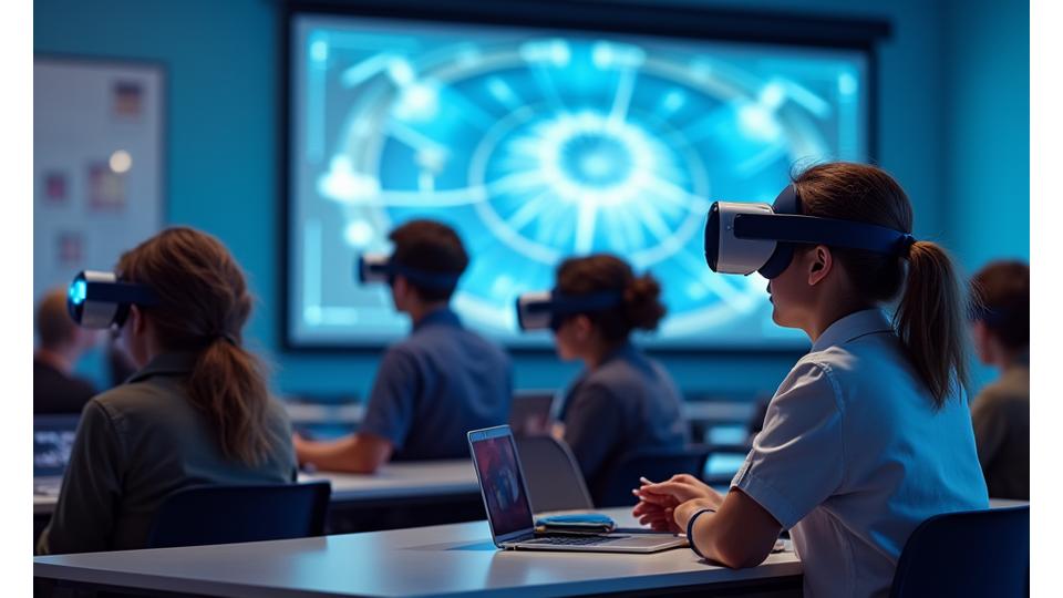 Öğrencilerin bir sınıf ortamında VR başlıkları takarak tarihi bir olayı sanal ortamda deneyimlediği bir görsel.