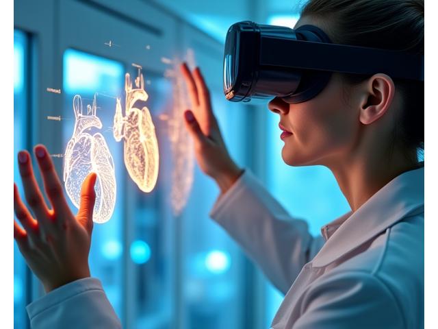 Bir cerrahın ameliyat öncesi, karmaşık bir organın 3D VR modelini incelediği yüksek teknolojili bir ortam.
