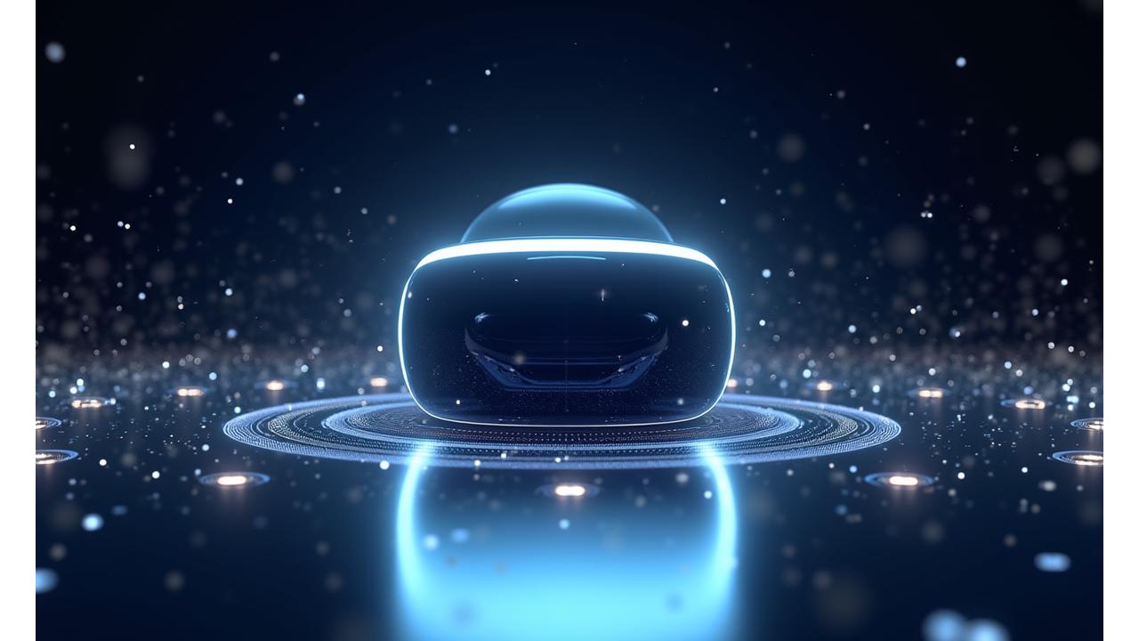 Bir VR başlığı ve etrafında süzülen holografik arayüzler, geleceğin teknolojisini yansıtıyor.