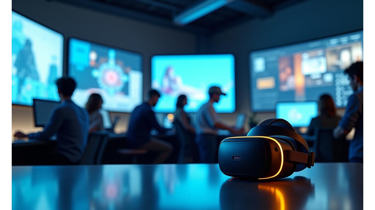 Parlak, modern bir VR stüdyosunda, çoklu ekranlarda farklı VR simülasyonlarının ve oyunların gösterildiği bir sahne. Ekip üyeleri projeleri tartışıyor ve bir VR başlığı masada duruyor.